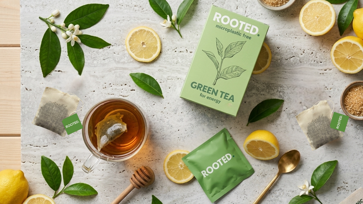 A Rooted green tea box next to a glass cup of green tea